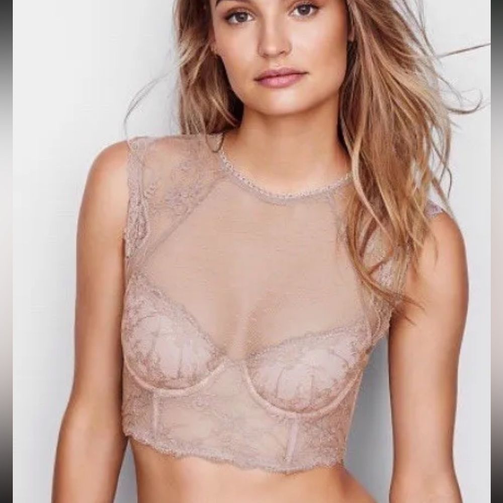NWT Victoria’s Secret DREAM ANGELS Lace & Dot Mesh High-neck Bra Taupe 32C